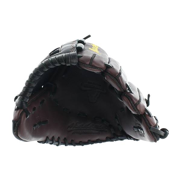 Top-down view of a brown baseball glove with black lacing and yellow Akadema branding.