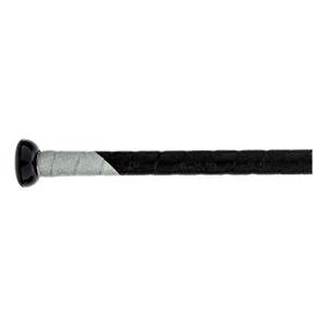 Side view of a black baseball bat with a grey patterned grip and black textured grip.