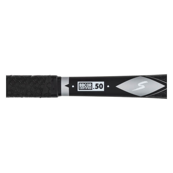 Close-up of the bat taper featuring a black textured grip, the BBCOR CERTIFIED .50 mark, and a white diamond logo with a stylized 'S' symbol.