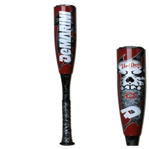 Front view of a red baseball bat with DeMarini branding and a skull graphic.