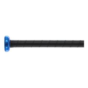 Side view of a black tee ball bat with a blue end cap and textured grip.
