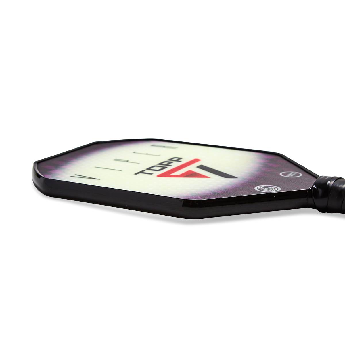 Side view of a white pickleball paddle with red and black TOPP logo and circular design.