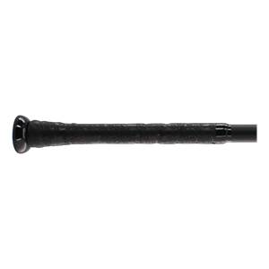 Side view of a black baseball bat with a textured grip and a rounded end cap.