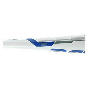 Side view of a white baseball bat with blue accents and 50 marking.