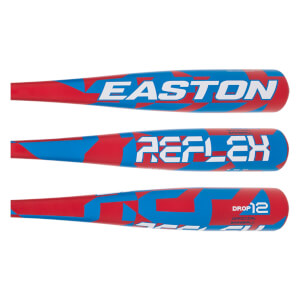 Multiple side views of the bat barrel show its red and blue geometric pattern and white "EASTON", "REFLEX", and "DROP 12" branding.