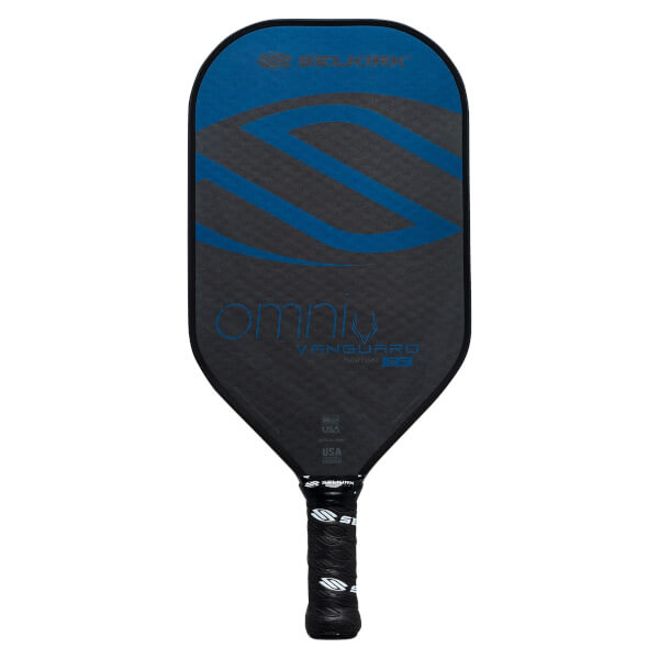 Front view of a black pickleball paddle with blue S-shaped graphics, omni text, and a black grip.