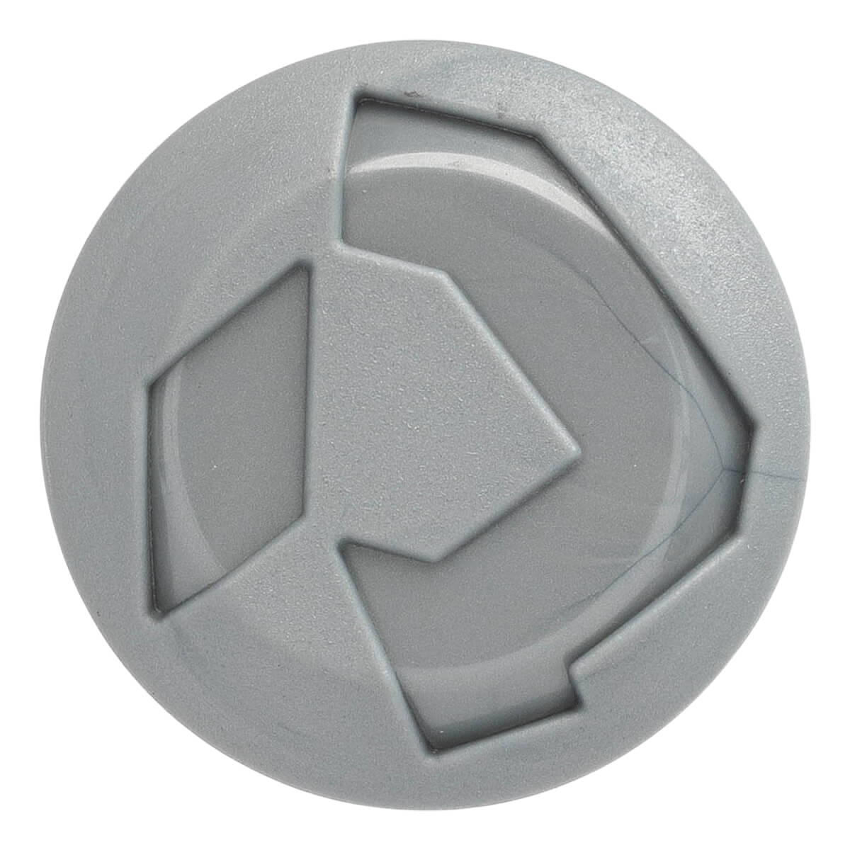 Top-down view of a gray softball bat end cap with a geometric logo.