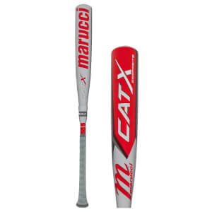 Side view of a silver and red baseball bat with CATX and Marucci branding.