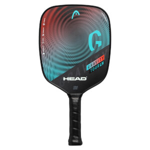 Front view of a black pickleball paddle with a red and blue swirl design, a large teal G, and HEAD GRAVITY TOURLH text.