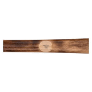 Close-up of a brown baseball bat with a dark wood grain and a light circular patch with vertical lines.