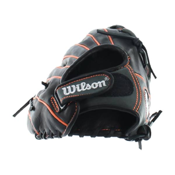 Side view of a black fastpitch glove with orange stitching and a Wilson logo.