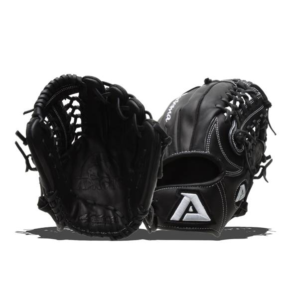 Front view of black baseball gloves with white stitching and a large white A logo.