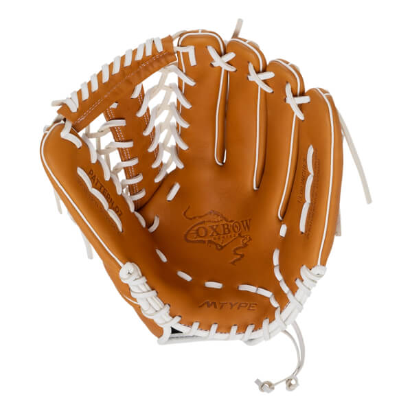 Front view of a tan leather baseball glove with white laces, featuring "OXBOW SERIES" on the palm, "PATTERN.07" on the thumb, and "13.00 INCHES" on the pinky finger.