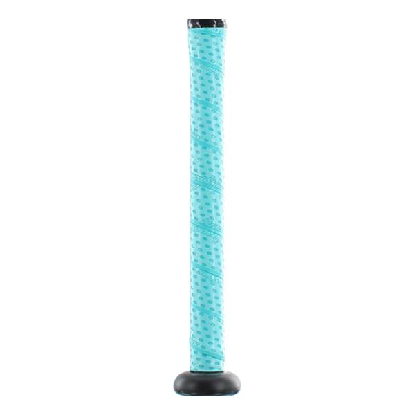 Close-up of a teal softball bat grip with a dotted pattern and black end cap.