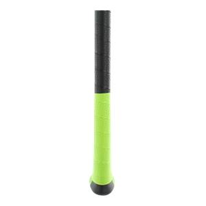 Close-up of a black and lime green baseball bat grip with textured pattern.