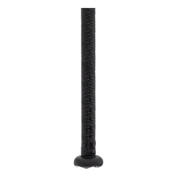 Close-up of a black softball bat handle with textured spiral grip tape and a black knob.