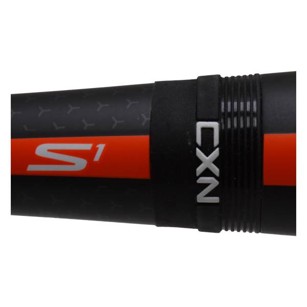 Close-up of a black baseball bat with orange S1 logo and white CXN text.