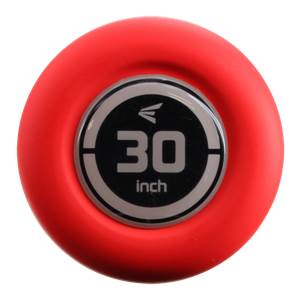 End cap view of a red baseball bat with a black circular emblem showing 30 inch and the Easton logo.