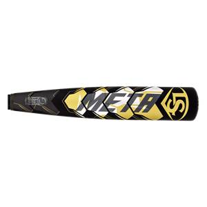 Side view of a black Louisville Slugger baseball bat with yellow and white META lettering and LS logo.