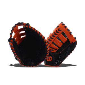 Side view of black and orange baseball mitt with orange lacing and Wilson logo.