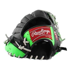 Side view of a black and neon green baseball glove with Rawlings logo.