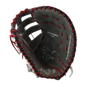 Interior view of a black Rawlings Heart of the Hide first base mitt with red lacing and PROFM19SB-10 13 INCH text.
