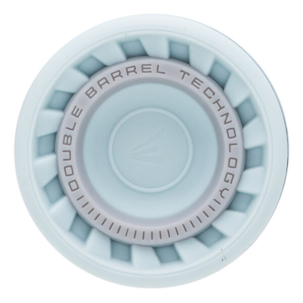 Top-down view of the light blue end cap featuring a textured circular design with the words “DOUBLE BARREL TECHNOLOGY” and a central Easton logo.