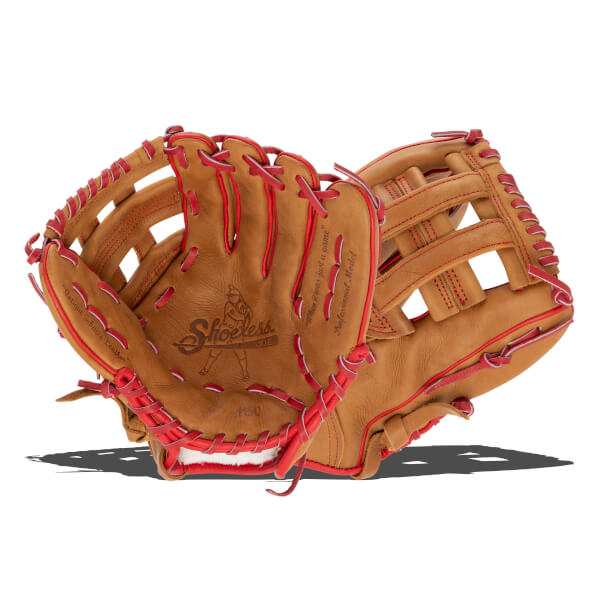 Angled front view of a tan baseball glove with red lacing, a Shoeless logo, and an open web design.