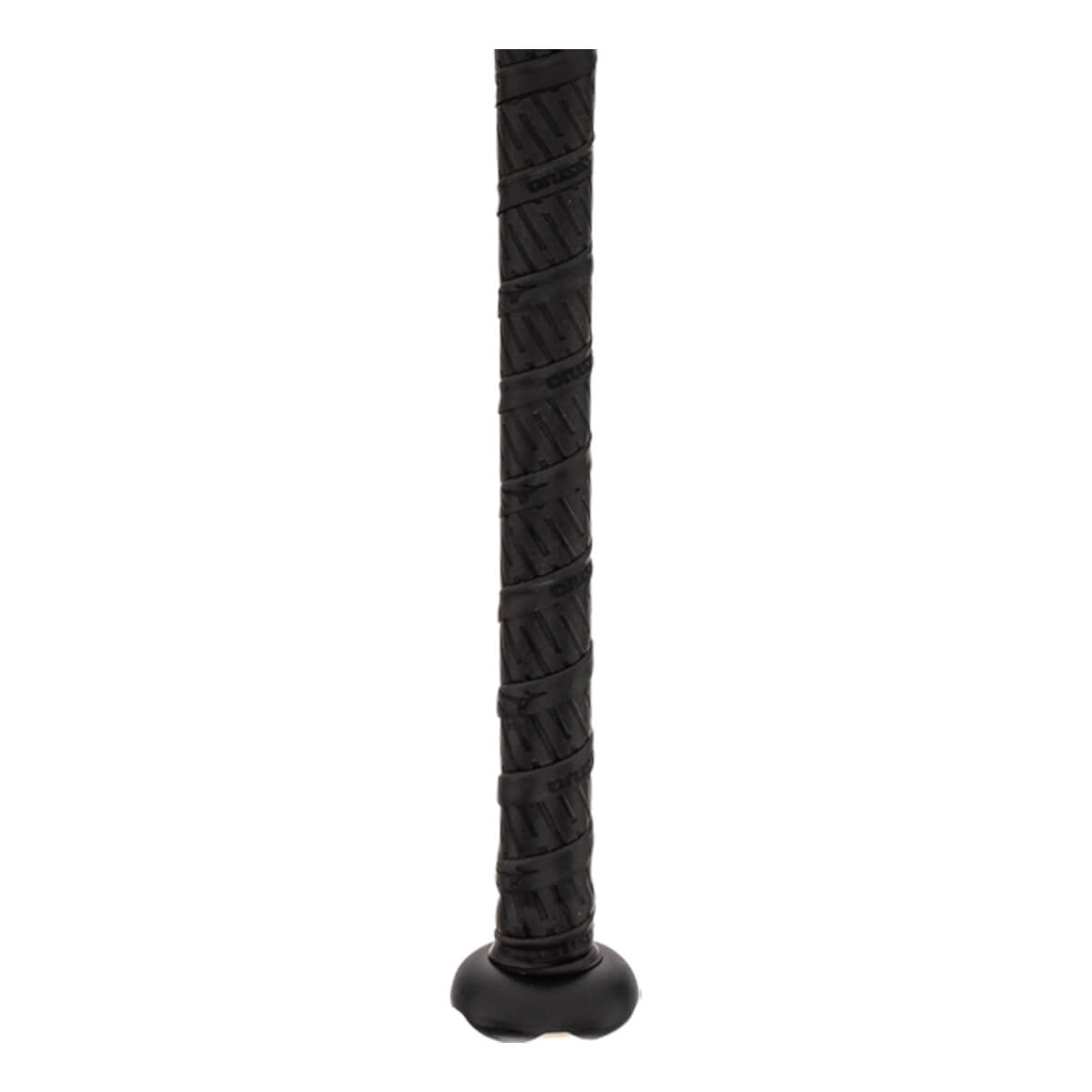 Close-up of a black baseball bat grip with a textured pattern and a black knob.