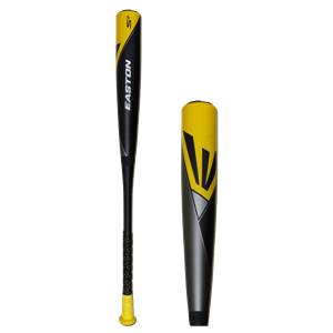 Side view of a black baseball bat with yellow accents, EASTON text, and a textured grip.