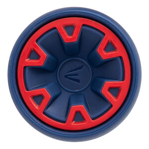 Top-down view of a blue bat end cap with a red geometric pattern and a recessed Easton logo.