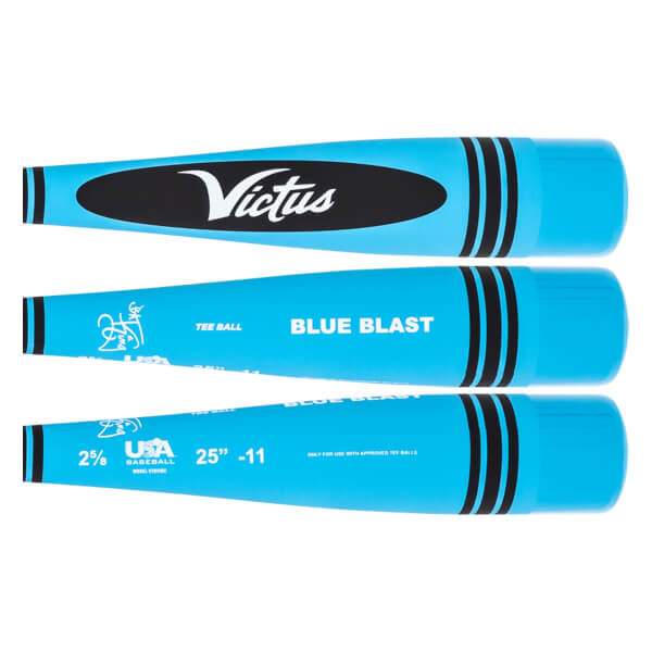 Top-down view of a blue baseball bat with black stripes and Victus branding.