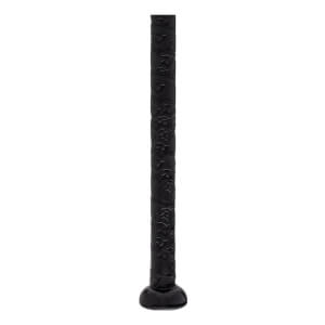 Close-up of a black fastpitch softball bat grip with a repeating pattern and a rounded end cap.