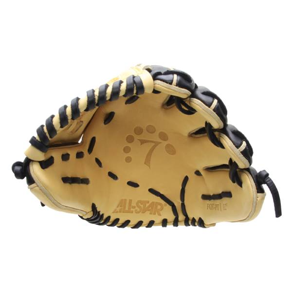 Side view of a tan baseball glove with black lacing and ALL-STAR branding.