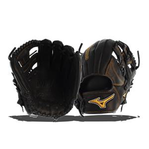 Front view of a black baseball glove with gold stitching and a Mizuno logo.