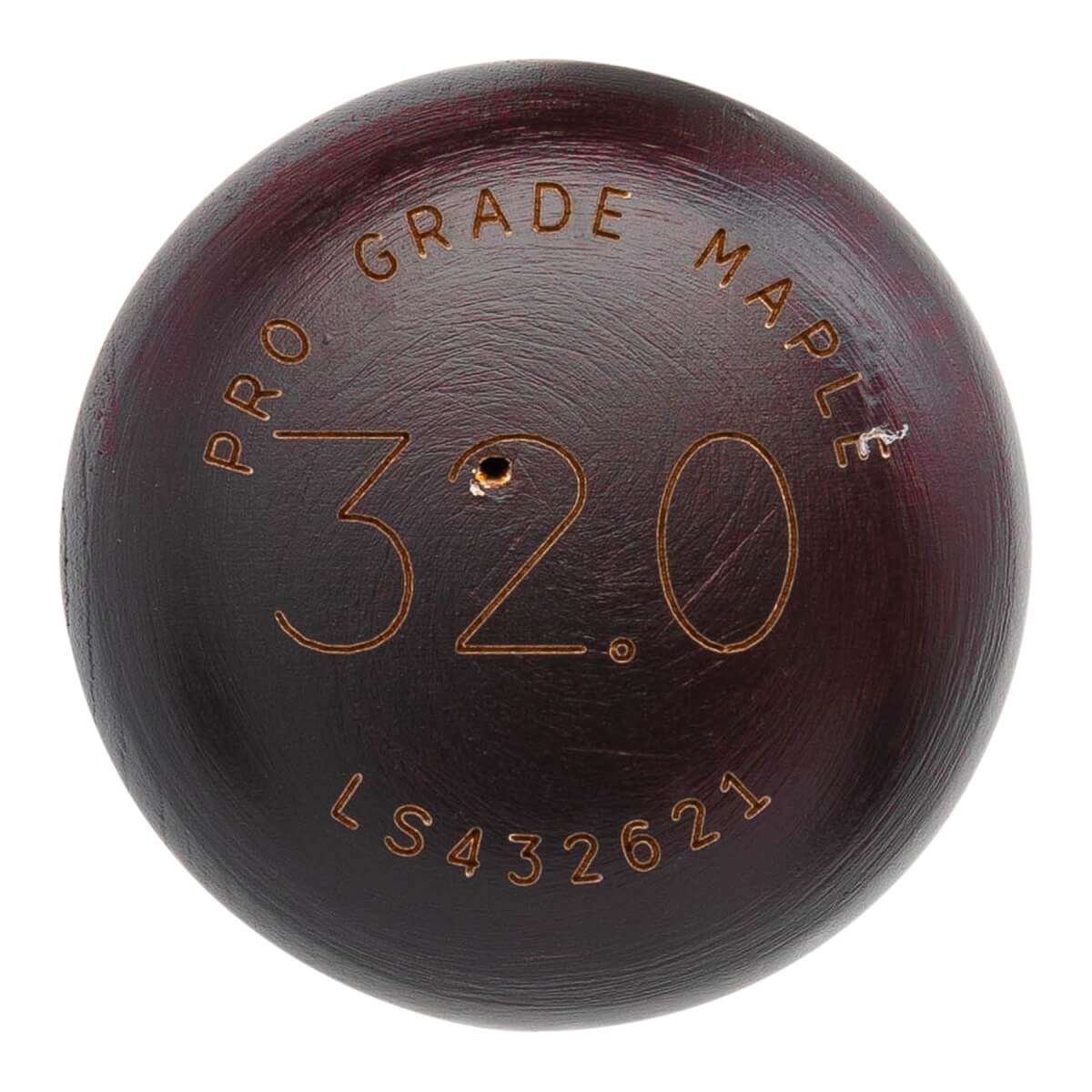 Top-down view of a dark brown baseball bat end with engraved PRO GRADE MAPLE, 32.0, and LS432621 text.