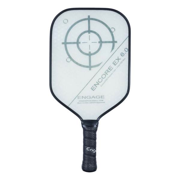 Front view of a white pickleball paddle with a target design, ENCORE EX 6.0, and ENGAGE branding.