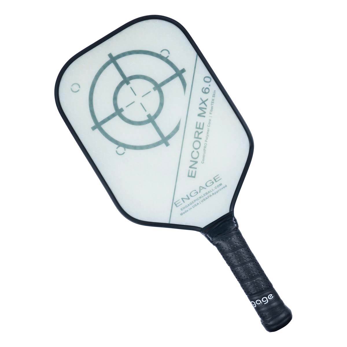 Top-down view of a white pickleball paddle with a target graphic and ENGAGE branding.