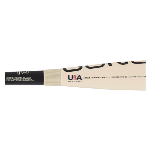 Close-up of a black, beige, and off-white baseball bat showing ribbed grip, USA Baseball logo, and model details.
