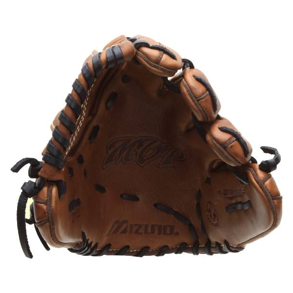 Front view of a brown softball glove with MVP and Mizuno. branding.