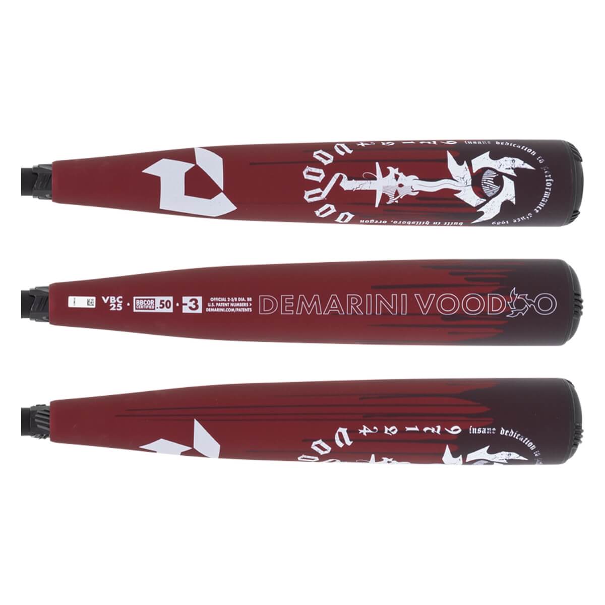 Side view of a maroon DeMarini Voodoo BBCOR baseball bat with white branding and graphics.