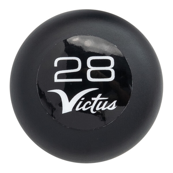 Close-up of a black baseball bat knob with a glossy circular label showing white 28 and Victus logo.