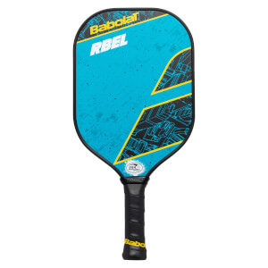 Front view of a blue Babolat RBEL pickleball paddle with a black grip and yellow geometric accents.
