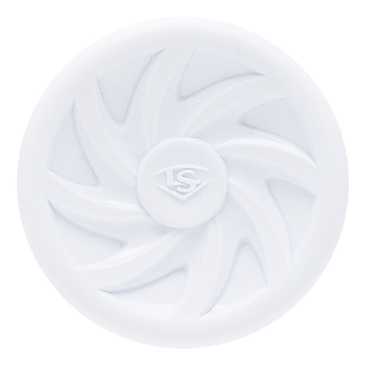 Top-down view of a white softball bat end cap with a raised LS logo and swirling patterns.