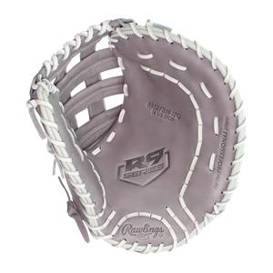 Top-down view of a grey Rawlings R9 Series first base mitt with white lacing and R9 SERIES logo.