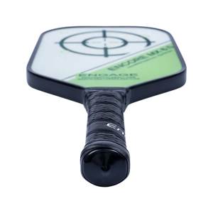 Top-down view of a black pickleball paddle with a white target and green ENGAGE text.