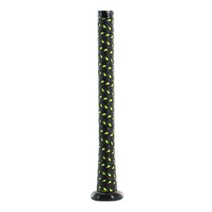 Close-up of a black baseball bat grip with a repeating yellow diamond pattern.