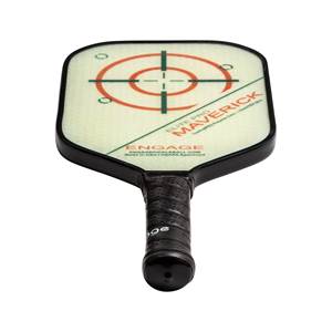 Top-down view of a cream pickleball paddle with a target design, Elite Pro Maverick text, and a black grip.