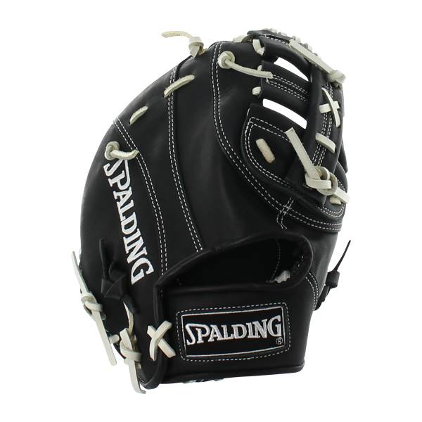 Side view of a black Spalding training glove with white stitching and a Spalding logo patch.