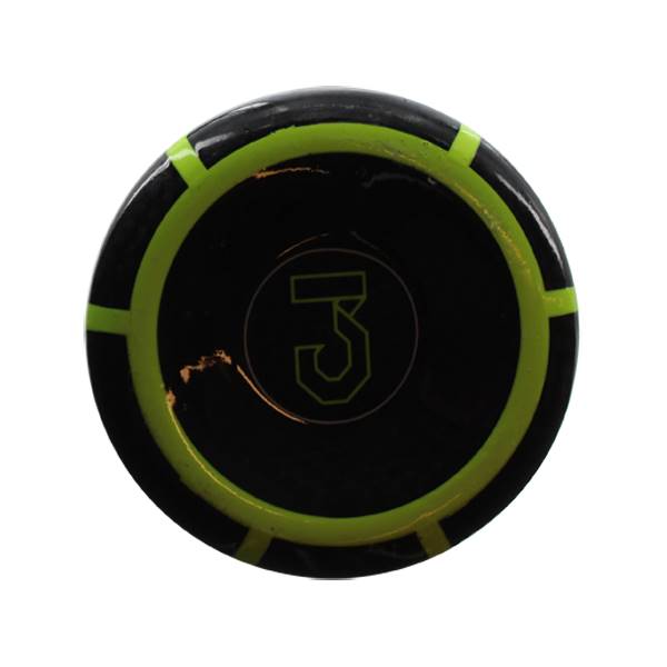 Top-down view of a black baseball bat end cap with a green outline and a large green number 3.